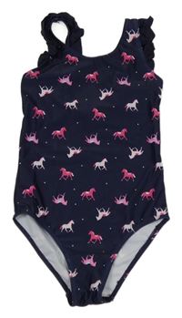 Tmavomodré jednodílné plavky s koňmi Topolino