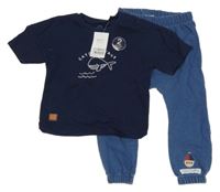 Nové - 2set - Tmavomodré žebrované tričko s velrybou + modré tepláky s výšivkou Next