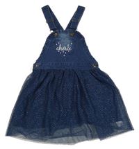 Tmavomodré riflovo/tylové laclové šaty se srdcem