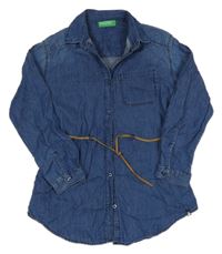 Tmavomodrá propínací šatová košilová tunika s páskem Benetton