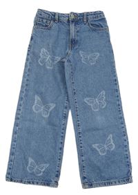 Modré široké rifle s motýly Denim Co.