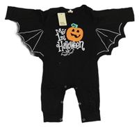 Nové - Černý bavlněný overal s dýní a křídly - netopýr 