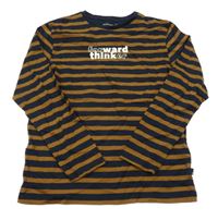 Tmavomodro-hnědé pruhované triko s nápisem 