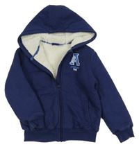 Tmavomodrá zateplená propínací mikina s písmenem a kapucí Lupilu