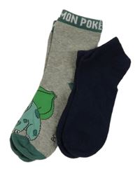 Nové - 2x ponožky - tmavomodré kotníkové + šedo-zelené ponožky s Pokémonem 