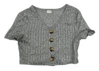 Šedý melírovaný úpletový crop top s knoflíky shein