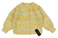 Nové - žlutý pruhovaný žinylkový propínací svetr s králíky dunnes