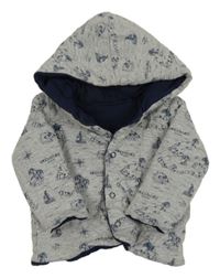 Šedo-modrá oboustranná propínací zateplená mikina s obrázky a kapucí Topomini