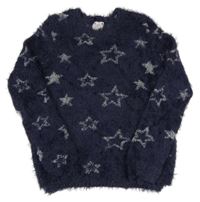 Tmavomodro-šedý chlupatý svetr s hvězdami Pocopiano
