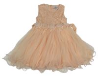 Světlerůžové slavnostní tylové šaty s 3D květy a výšivkami 