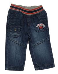 Tmavomodré rifle s výšivkou a úpletovým pasem C&A