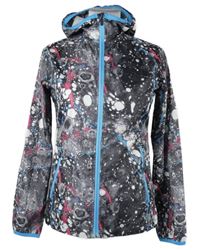 Dámská tmavošedo-modro-růžová vzorovaná šusťáková běžecká bunda s kapucí 