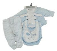 Nové - 4set- modrá sametová propínací mikina+ pruhované polodupky+ modré body+ bryndák Early Days