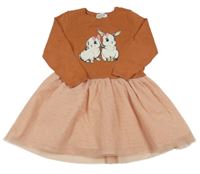 ORanžovo-růžové pleteno/tylové šaty s králíčky H&M