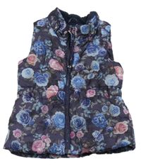 Tmavomodrá květovaná šusťáková zateplená vesta H&M