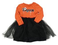 Oranžovo-černé bavlněno/tylové šaty s nápisem Tu