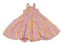 Růžovo-fialovo-oranžové pruhované šaty se žabičkováním Sfera