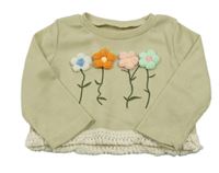 Béžové žebrované triko s kytičkami a třásněmi,