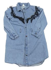 Modré riflové propínací šaty s třásněmi River Island