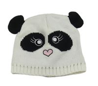 Bílo-černá pletená čepice s bambulemi - panda
