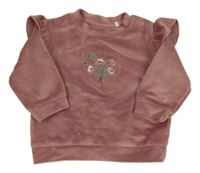 Starorůžová sametová mikina s kytičkami a volánky 