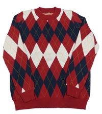Červeno-tmavomodro-bílý károvaný svetr 