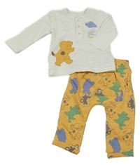 Nové - 2set - Okrové tepláky se zvířátky + bílé triko George 