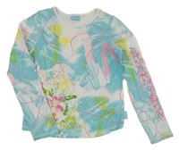 Tyrkysovo-bílé vzorované triko s holčičkou a kamínky 