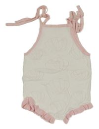 Bílo-růžový úpletový kraťasový overal s mušličkami 
