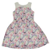 Bílo-barevné šifonové šaty s motýlky a krajkovými ramínky 