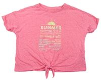 Křiklavě korálové melírované crop tričko s nápisy a sluníčkem a uzlem zn. M&S