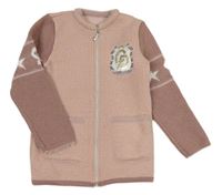 Starorůžovo-starorůžovohnědý pletený propínací svetr s písmenky