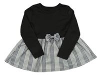 Černo-bílá kostkovaná šatová tunika s mašlí 