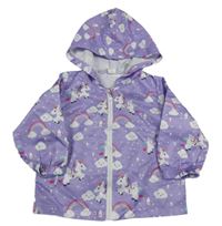 Fialová šusťáková bunda s jednorožci a duhami a kapucí SHEIN