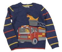Nové - tmavomodro-pruhovaný svetr s hasiči a dinosaury MiNiSTRY of RaSCaLS