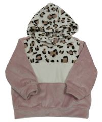 Starorůžovo-bílá plyšová mikina se vzorem a kapucí SHEIN