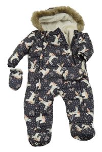 Tmavošedá prošívaná šusťáková zimní kombinéza s jednorožci a kapucí s kožešinou + rukavice F&F