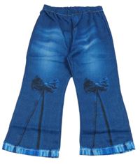 Modré flare kalhoty riflového vzhledu s mašlemi