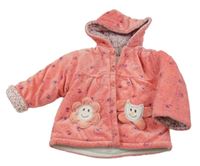 Růžový květovaný sametový zateplený kabátek s kapucí