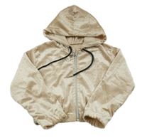 Světlebéžová sametová propínací crop mikina s kamínky a kapucí 