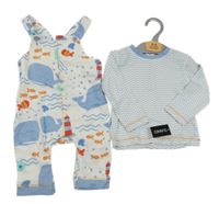 Nové - 2Set - Bílo-modré žebrované laclové tepláky s velrybami a majáky + bílo/modré triko s vlnkami St. Bernard
