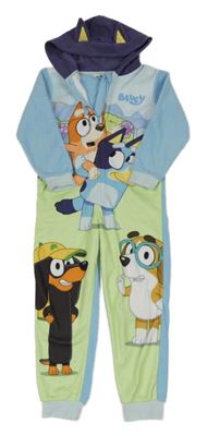 Světlemodro/zelená fleecová kombinéza s Bluey s kamarády a kapucí George