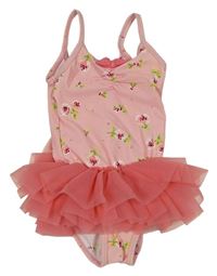 Růžové květované jednodílné plavky s tylovou sukní Next