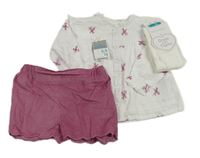 3set - Bílá halenka s výšivkami + starorůžové manšestrové kraťasy + bílé punčocháče Primark