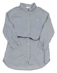 Bílo-modré pruhované propínací košilové šaty s páskem Zara