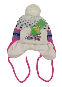 Nové - Bílo-fialovo-tmavorůžová vzorovaná vlněná čepice s medvědem a bambulí