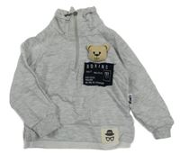 Světlešedá melírovaná mikina s medvědem a nášivkou