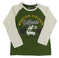 Khaki-světlebéžové triko s jeepem a horami