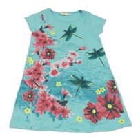 Modré bavlněné šaty s květinami a vážkami Kids