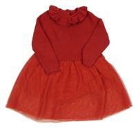 Červené svetrovo/tylové šaty s límečkem M&S